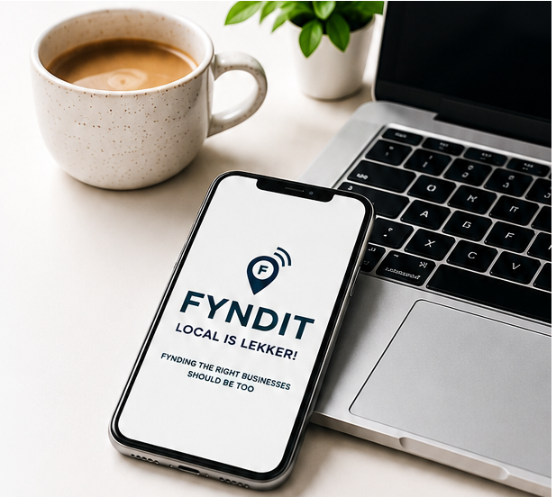 A phone showing the FyndIt app next to a laptop and a cup of coffee